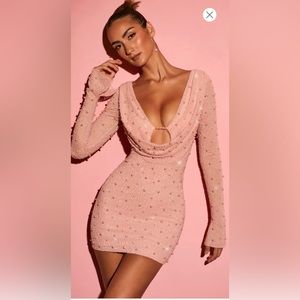 Oh Polly Long Sleeve Deep Plunge Mini Dress in Rose Pink size 8 - worn once